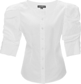 Seragyi White Martina Cotton Ruched Sleeve And Asymmetrical Neckline Blouse