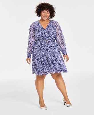 Plus Size Printed Long-Sleeve Belted Mini Dress, Created for Macy's