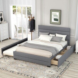 NOVABASA Queen Upholstered Platform Bed with Twin Size Trundle and Two Drawers