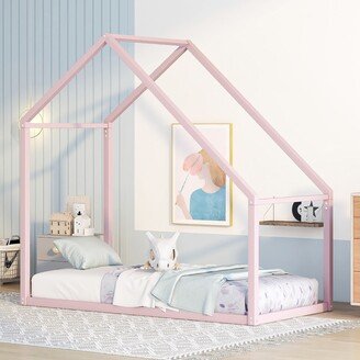 RASOO Twin Size Metal Bed Frame House Bed Kids Bed Modern Low Platform Bed Frame House-shaped Design and Slatted Frame Support