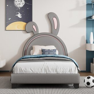 EDWINRAY Upholstered Leather Platform Bed with Rabbit Ornament