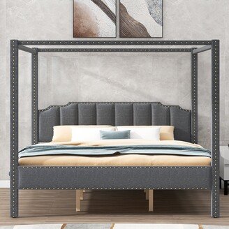 EDWINRAY Upholstery Canopy Platform Bed with Headboard & Support Legs