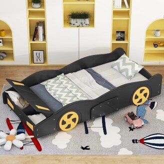 Sunmory Twin Size Wood Frame Platform Bed, Race Car-Shaped Design and Yellow Wheel Decoration Children Bed with Wheels and Storage