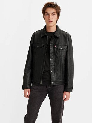 Faux Leather Trucker Jacket - Men's - Black w Chambray Lining