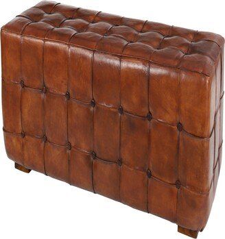 Teak Wood Tufted Upholstered Leather Bench, 48 x 18 x 20