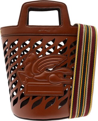 Brown Bucket Bag With Multicolor Shoulder Strap And Pegasus Detail In Perforated Leather Woman