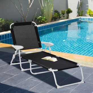 Folding Chaise Lounge, Outdoor Sun Tanning Chair, Four-Position Reclining Back, Armrests, Iron Frame & Mesh Fabric