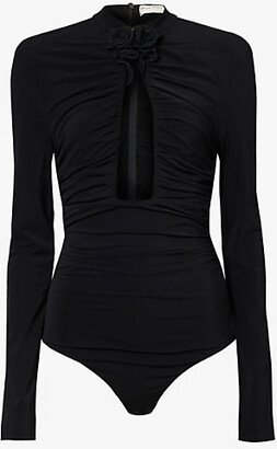 Womens Black Floral-embellished Stretch-woven Body