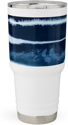 Travel Mugs: Ikat Watercolor Stripes - Navy Travel Tumbler, 30Oz, Blue