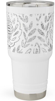 Travel Mugs: Distressed Damask Leaves - Grey Travel Tumbler, 30Oz, Gray