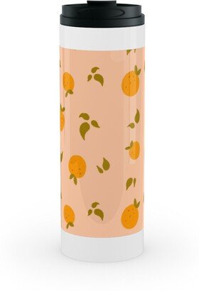 Travel Mugs: Oranges & Leaves On Peach Stainless Mug, White, 16Oz, Orange