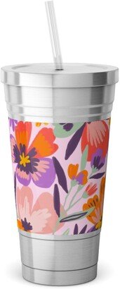 Travel Mugs: Pansies Stainless Tumbler With Straw, 18Oz, Multicolor