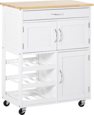 HOMCOM Bar Cart Rolling Kitchen Island on Wheels with 9-Bottle Wine Rack, Small Kitchen Cart Kitchen Storage Cabinets, Wooden Countertop, White