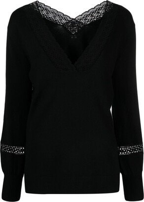 corded lace-trim V-neck jumper