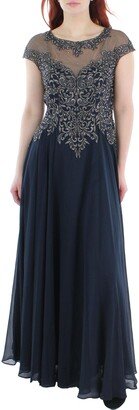 Petites Womens Embellished Illusion Evening Dress