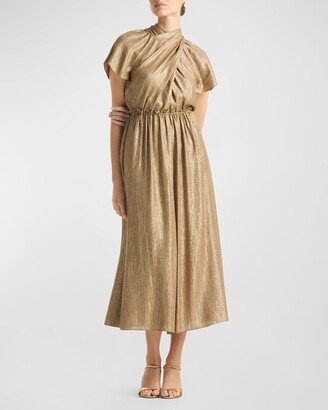 Metallic Voile Gauze Crossover Neck-Tie Midi Dress