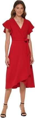 Petite Faux-Wrap V-Neck Flutter-Sleeve Dress