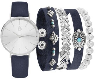 Women's Analog Navy Strap Watch 36mm with Navy and Silver-Tone Bracelets Set