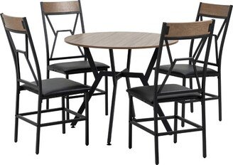 HOMCOM Industrial Dining Table Set Space-Saving Kitchen Table and Chairs Set with Round Table Padded Seat and Steel Frame Brown 5 Piece