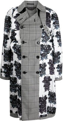 Check-Panelled Floral-Print Coat