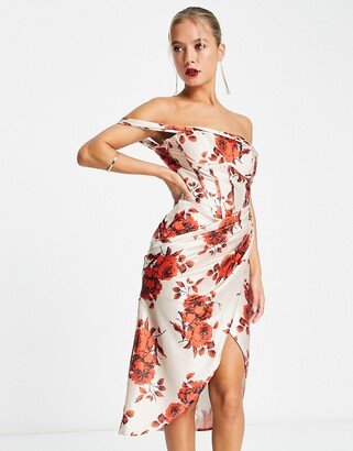 bardot satin corset wrap midi dress in rose print