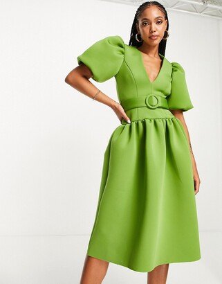 dropped waist puff sleeve prom midi dress in olive