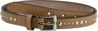 Women's Studded Silver Buckle Caramel Brown Leather Belt 380561 2754