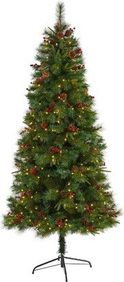 7-ft Mixed Pine Artificial Christmas Tree with 350 Clear LED Lights, Pine Cones and Berries