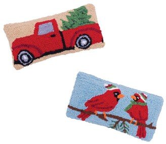 Set of 2 Hooked Pillows Cardinal and Red Truck