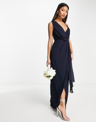 Bridesmaid chiffon wrap maxi dress with hi low hem in navy