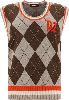 Argyle-Pattern Logo Embroidered Knitted Vest