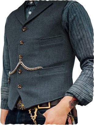 Aesido Vintage Men Vest Slim Fit Tweed Wool Herringbone Business Waistcoat for Wedding Groomsmen(Light Navy