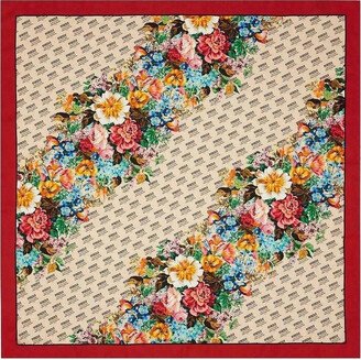 Women's Beige Monogram Logo Print Red Flower Motif Silk Scarf