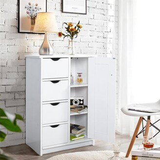 Pure White Wood Floor Storage Organizer Cabinet with 4 Drawers and 1 Door Cabinet 3 Shelves