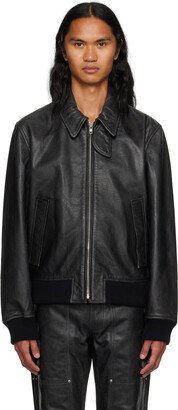 Black Zip Leather Bomber Jacket