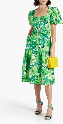 Belted floral-print linen-blend midi dress