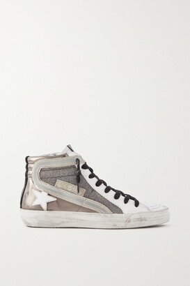 Slide Distressed Suede-trimmed Leather And Lurex High-top Sneakers - Metallic