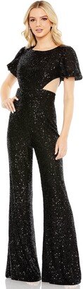 Sequined Puff Shoulder Illusion Cut Out Jumpsuit