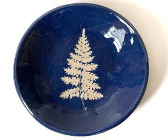 Fern Leaf Round Ceramic Dish. Blue Botanical Pottery. Soap Jewelry Holder. Spoon Rest. Bathroom Decor