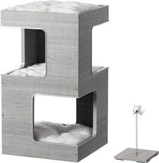 Multi Level Modern Cat Tall Climbing Tree House for Indoor Cats | Wood Tower Luxury Furniture Stand with Removable Soft Blanket and Condo