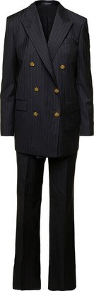 'jasmine' Black Suit With Stripe Motif And Golden Buttons In Wool Woman