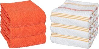 Sloppy Chef Premier Kitchen Towels (Set of 6), 3 Solid Color Towels and 3 White Towels with Matching Pattern, 15x25 in, Soft Ringspun Cotton, Striped Pattern - Or