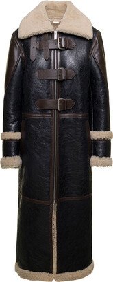 Black And Brown Coat With Oversized Collar In Leather Woman