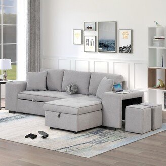 104 Pull Out Sleeper Sofa, Reversible L-Shape Sectional Couch with Storage Chaise and 2 Stools, Gray