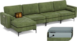 Modular Extra-Large 4 Seat Sectional Sofa with Reversible Chaise & 2 USB Ports Army Green