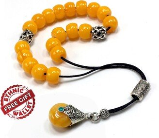 Greek Komboloi, Worry Beads, Anxiety Relaxing Begleri, Stress Relief Relaxation | Dark Yellow Resin Drum - Mm-19 Big Beads