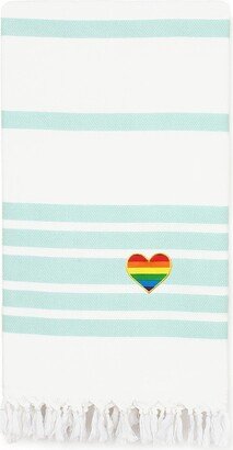 100% Turkish Cotton Herringbone Cheerful Rainbow Heart Pestemal Beach Towel - Soft Aqua & White