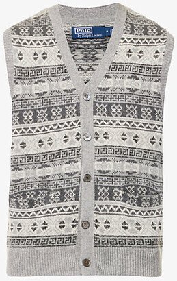 ens Grey Combo FairIsle-weave V-neck Cotton, Cashmere and Linen-blend Vest