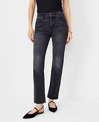 Petite Mid Rise Tapered Jeans in Washed Black Wash