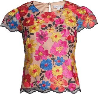 Floral-Embroidered Mesh Baby Tee